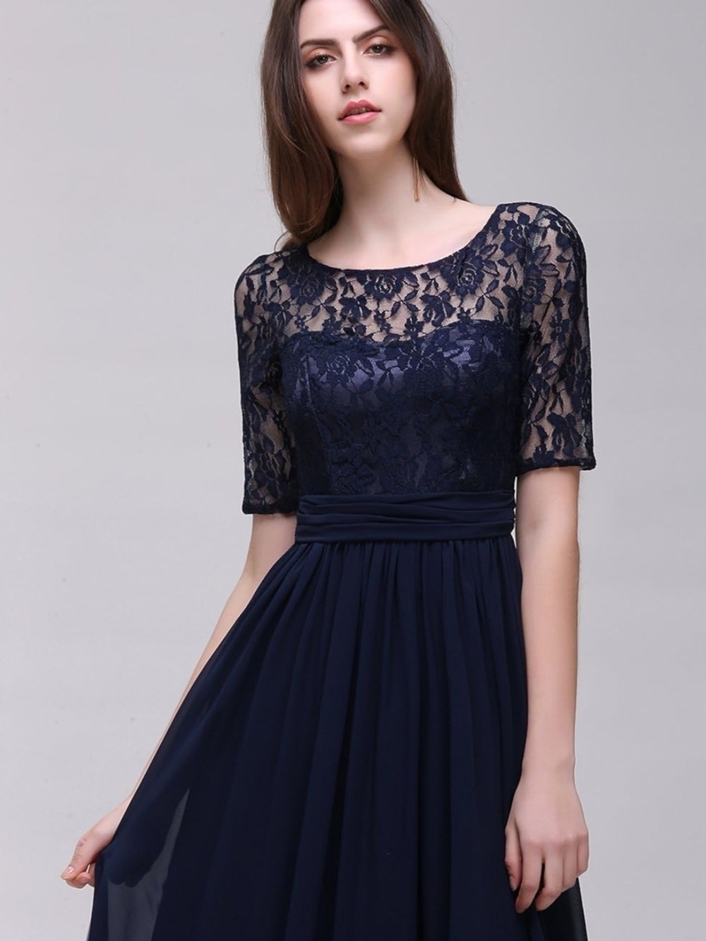 Elegant Navy Lace & Chiffon Wedding Guest Dress